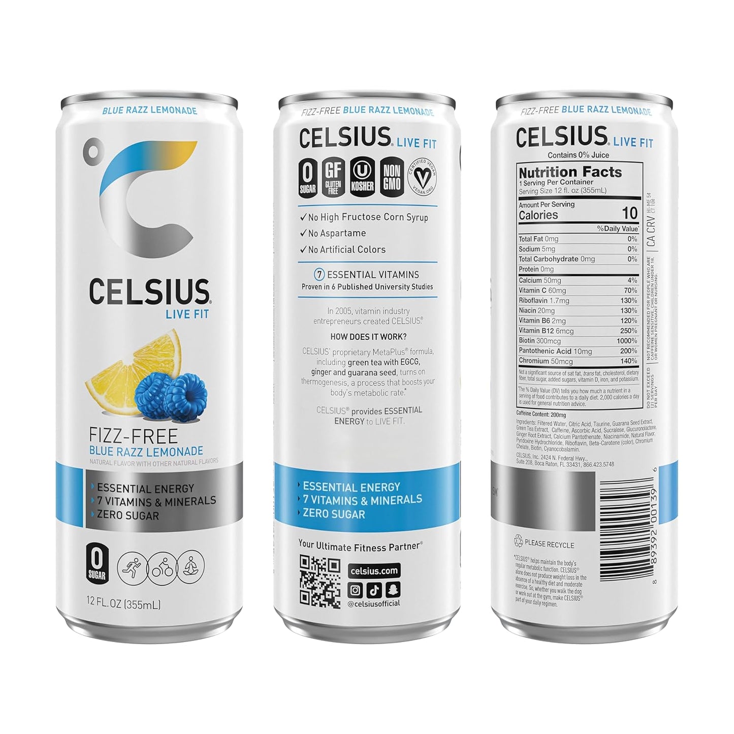 CELSIUS Fizz Free Blue Razz Lemonade, Functional Essential Energy Drink 12 Fl Oz (Pack of 12)