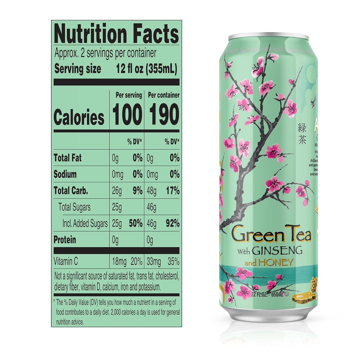 AriZona Green Tea with Ginseng and Honey - Big Can, 22 Fl Oz (Pack of 12)