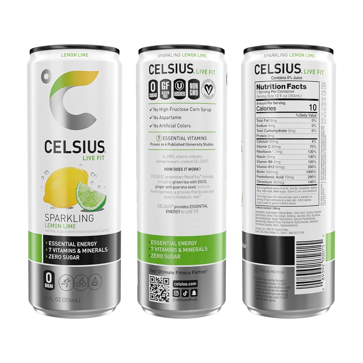 CELSIUS Sparkling Lemon Lime, Functional Essential Energy Drink, 12 Fl Oz (Pack of 12)