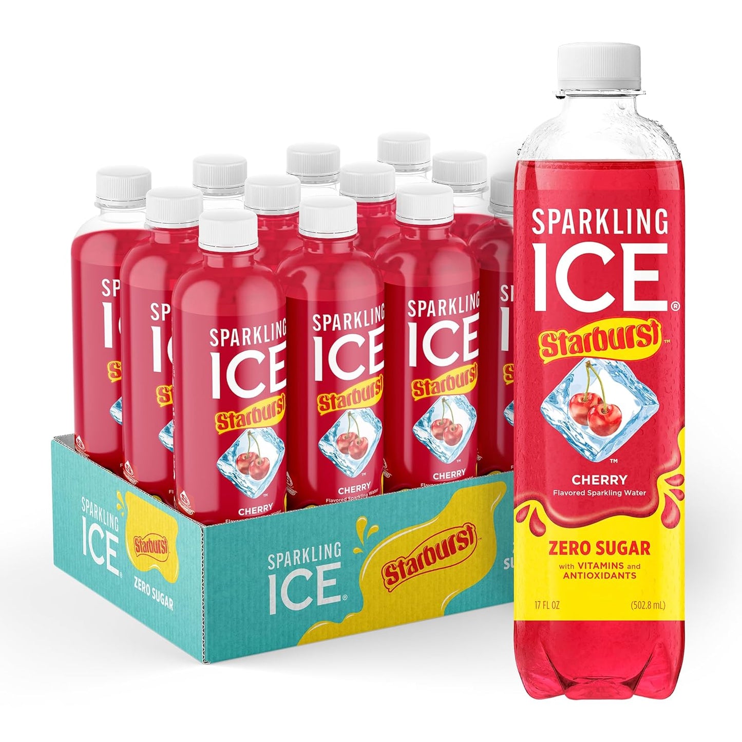 Sparkling Ice STARBURST Cherry, Zero Sugar Flavored Sparkling Water, 17 fl oz Bottles (Pack of 12)