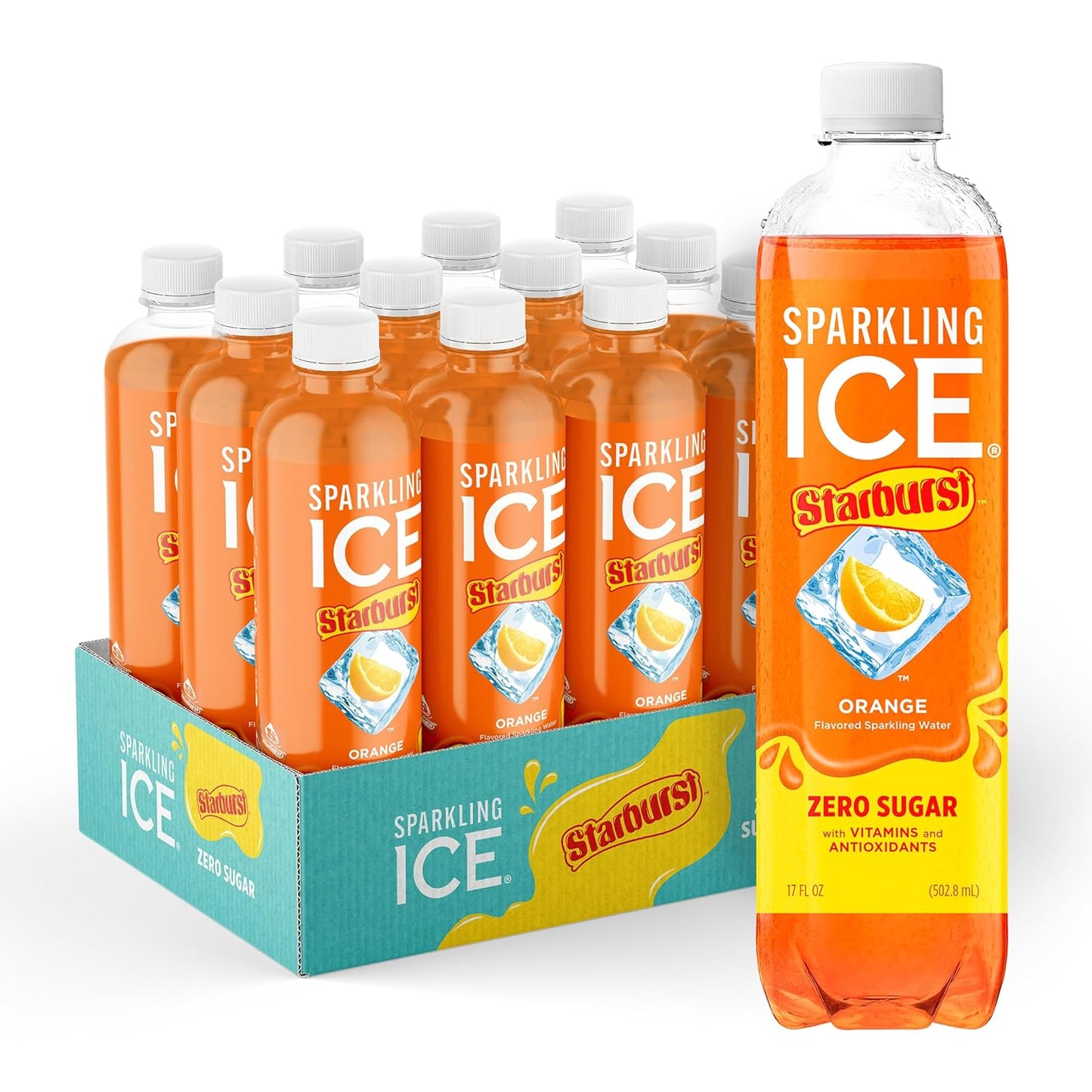 Sparkling Ice STARBURST Orange, Zero Sugar Flavored Sparkling Water, with Vitamins and Antioxidants, 17 fl oz Bottles (Pack of 12)