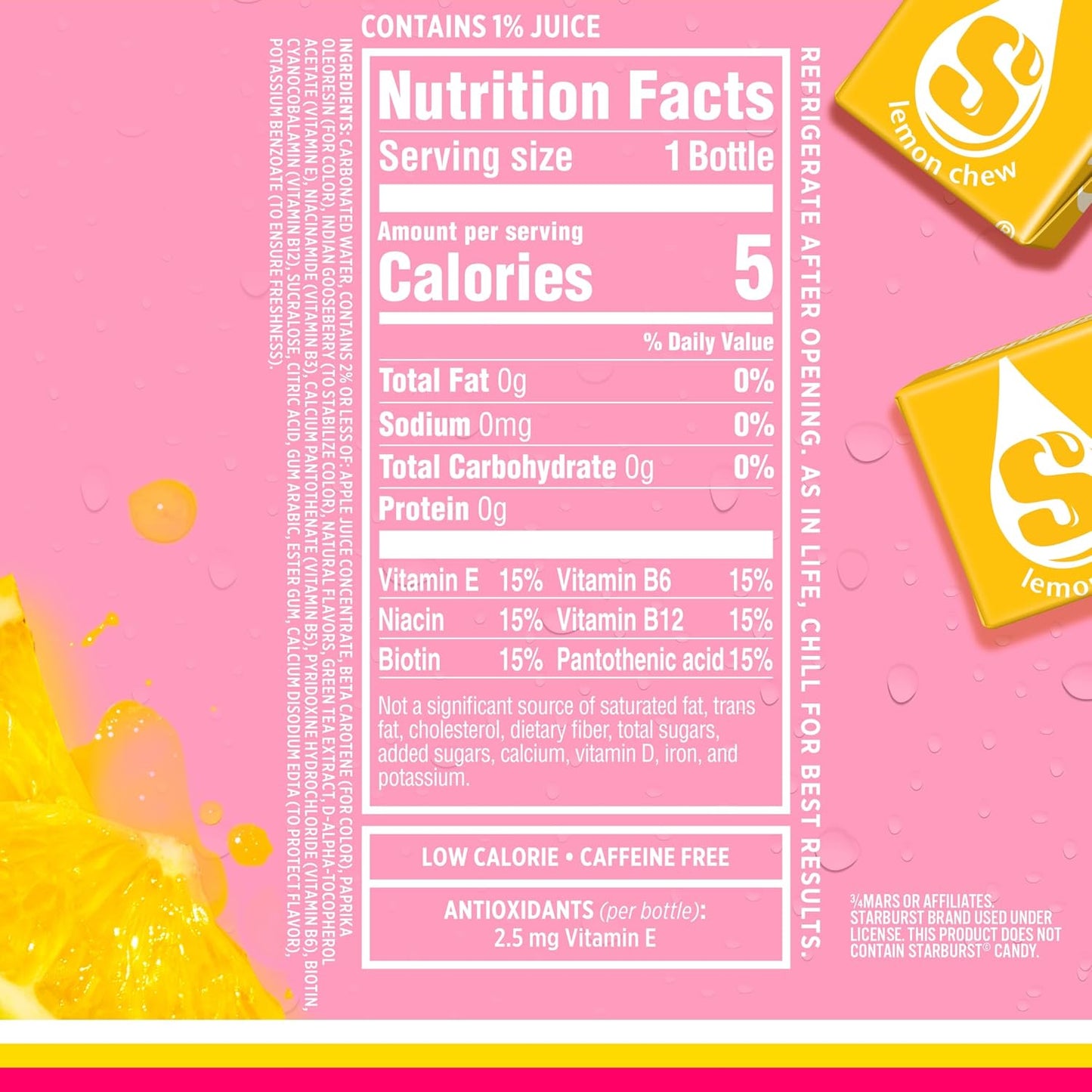 Sparkling Ice STARBURST Lemon, Zero Sugar Flavored Sparkling Water, 17 fl oz Bottles (Pack of 12)