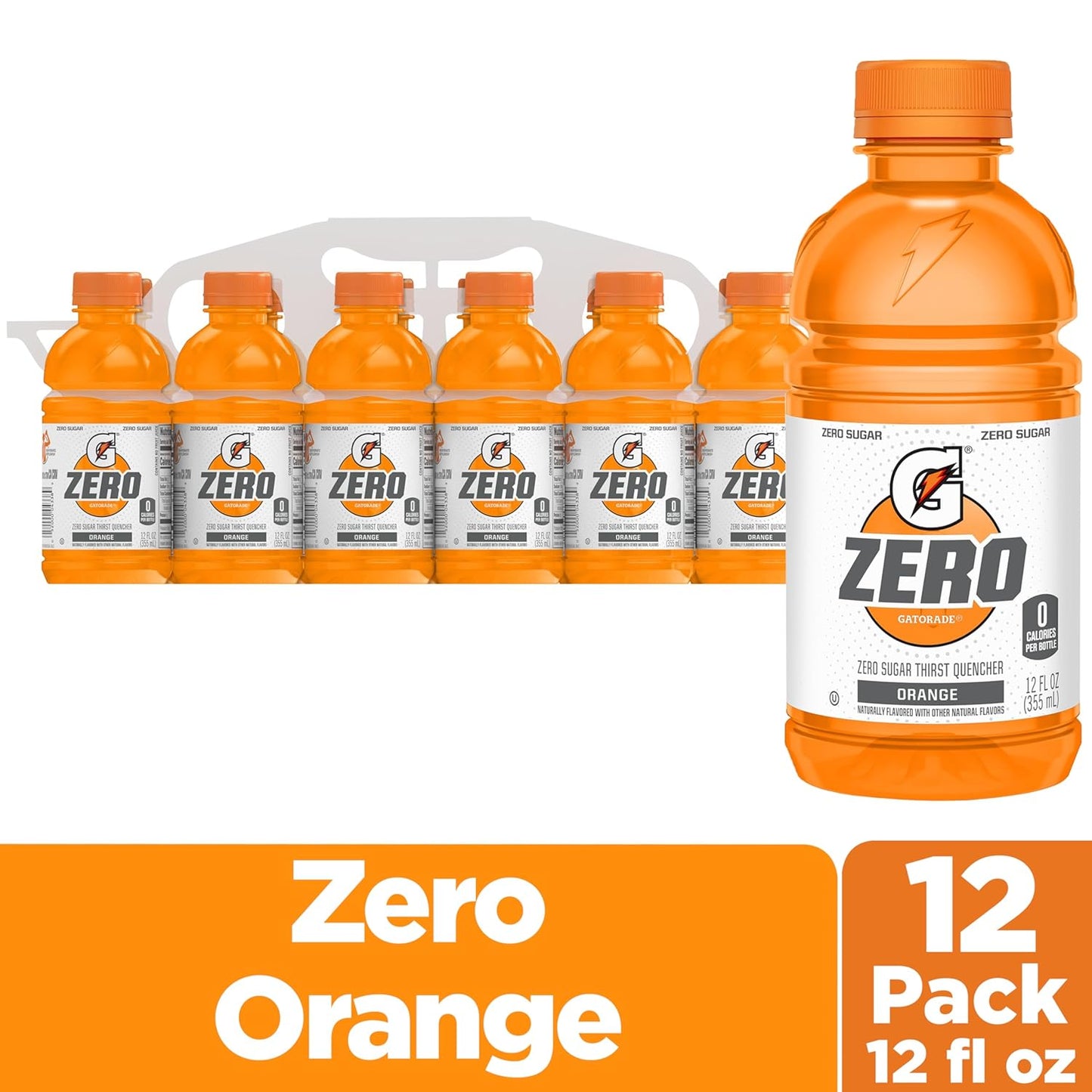 Gatorade Thirst Quencher Zero Sugar Sports Drink, Orange, Electrolytes for Rehydration  12oz Bottles, 12 Pack