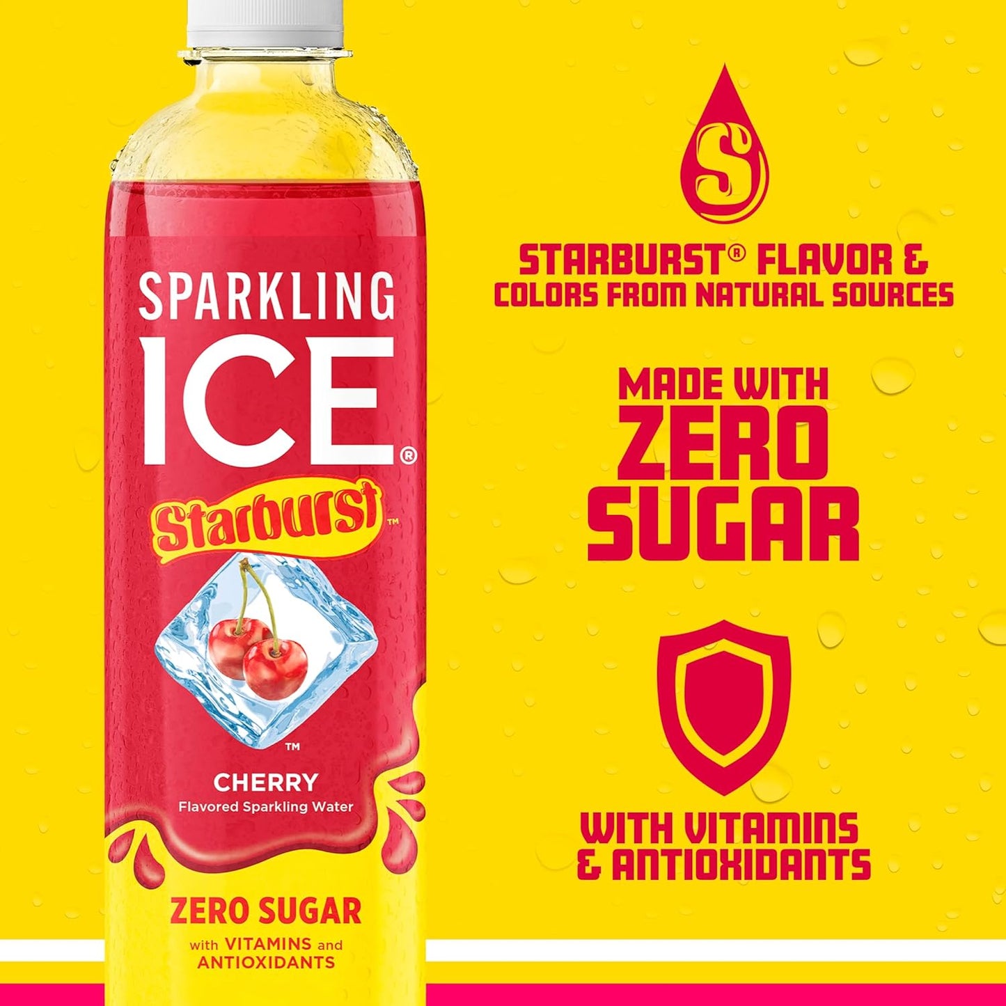 Sparkling Ice STARBURST Cherry, Zero Sugar Flavored Sparkling Water, 17 fl oz Bottles (Pack of 12)