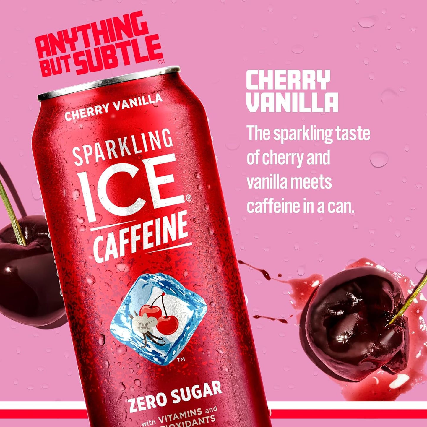 Sparkling Ice Caffeine Cherry Vanilla Sparkling Water with Caffeine, Zero Sugar, with Antioxidants and Vitamins,16 fl oz Cans (Pack Of 12)