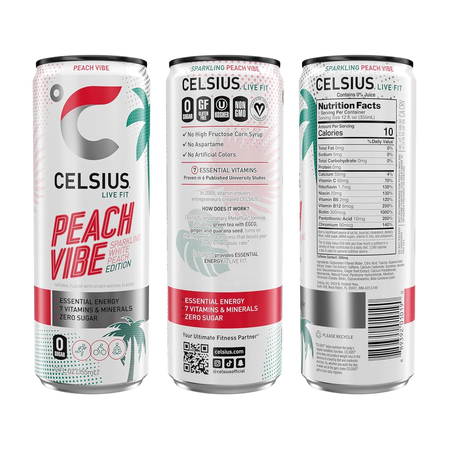 CELSIUS Sparkling Peach Vibe, Functional Essential Energy Drink 12 Fl Oz (Pack of 12)