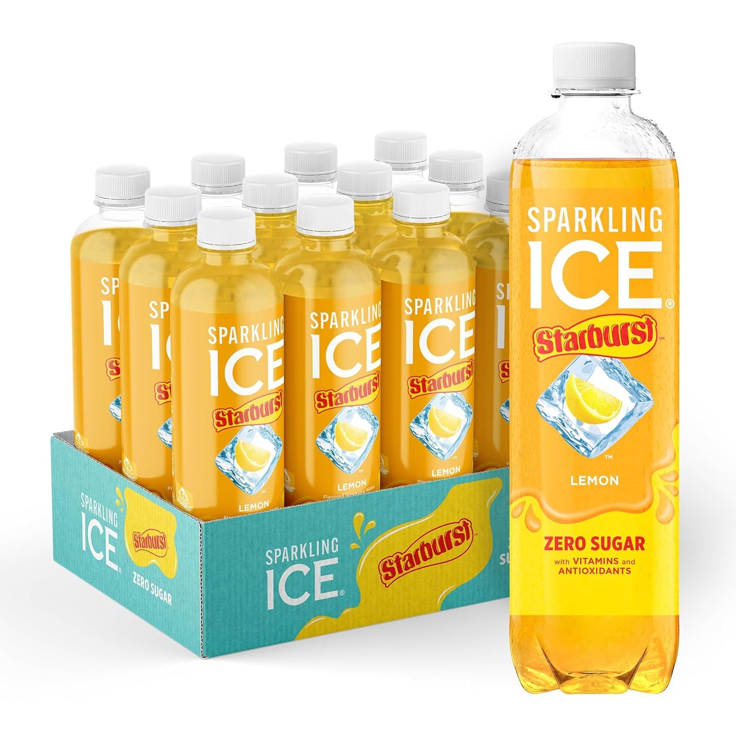 Sparkling Ice STARBURST Lemon, Zero Sugar Flavored Sparkling Water, 17 fl oz Bottles (Pack of 12)