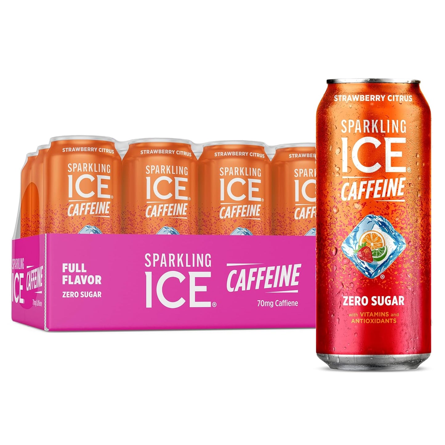 Sparkling Ice Caffeine Strawberry Citrus Sparkling Water with Caffeine, Zero Sugar, with Antioxidants and Vitamins,16 fl oz Cans (Pack Of 12)