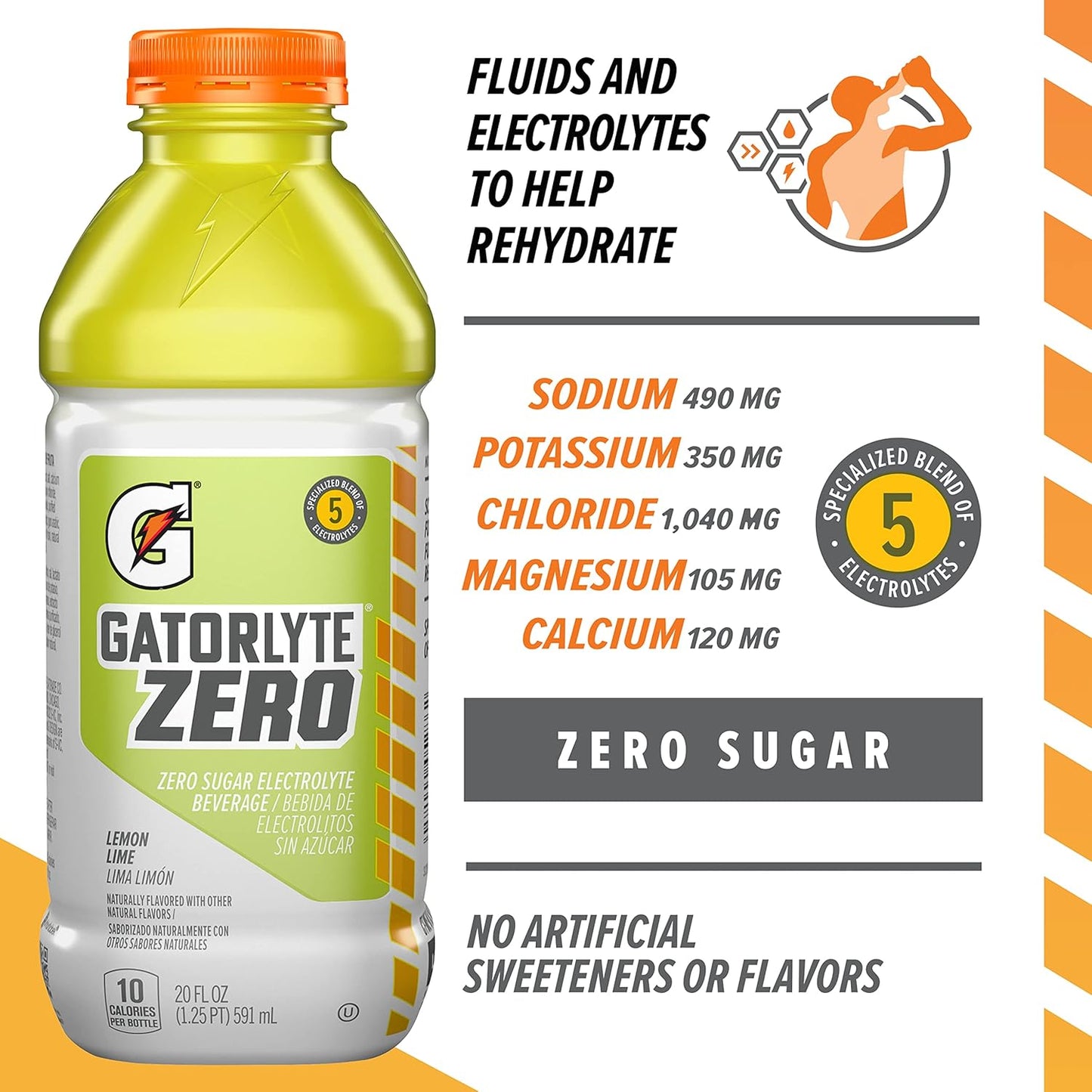 Gatorlyte Zero Electrolyte Beverage, Lemon Lime, 20 Fl Oz Bottles (Pack of 12)