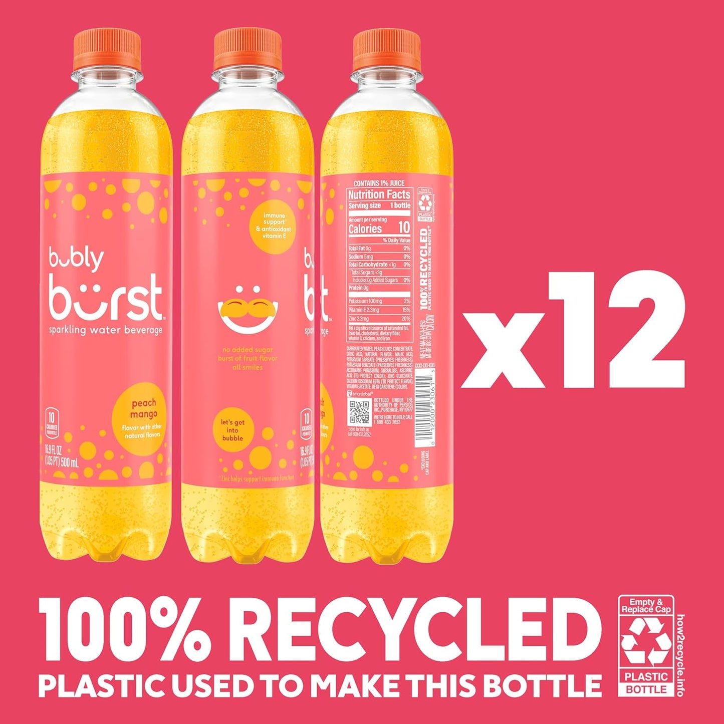 bubly burst, Peach Mango, 16.9 FL Oz Bottles (Pack of 12)