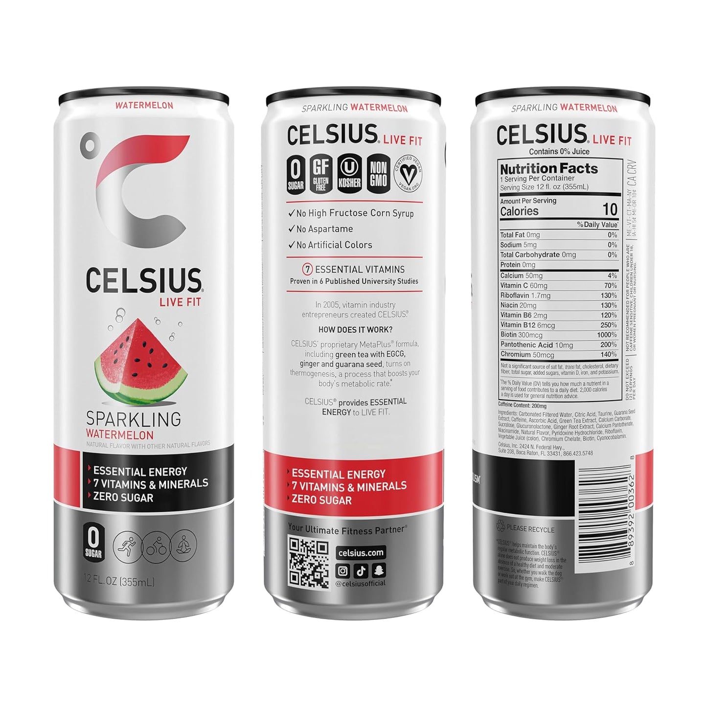 CELSIUS Sparkling Watermelon, Functional Essential Energy Drink 12 Fl Oz (Pack of 12)