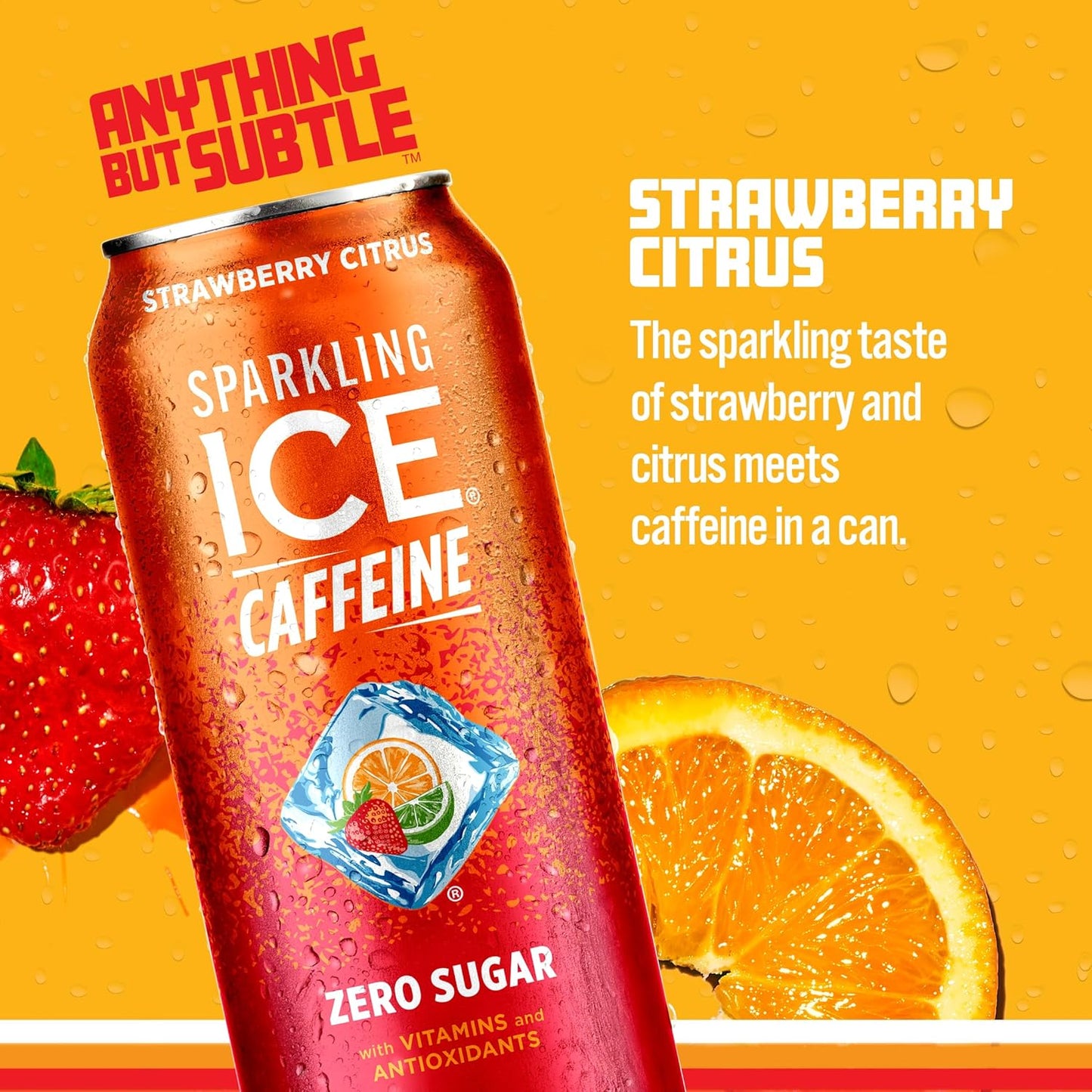 Sparkling Ice Caffeine Strawberry Citrus Sparkling Water with Caffeine, Zero Sugar, with Antioxidants and Vitamins,16 fl oz Cans (Pack Of 12)