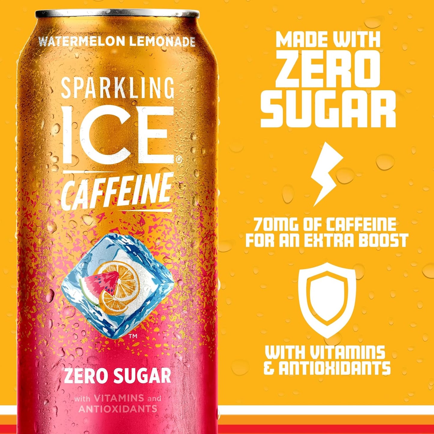 Sparkling Ice Watermelon Lemonade Sparkling Water with Caffeine, Zero Sugar, with Antioxidants and Vitamins,16 fl oz Cans (Pack Of 12)