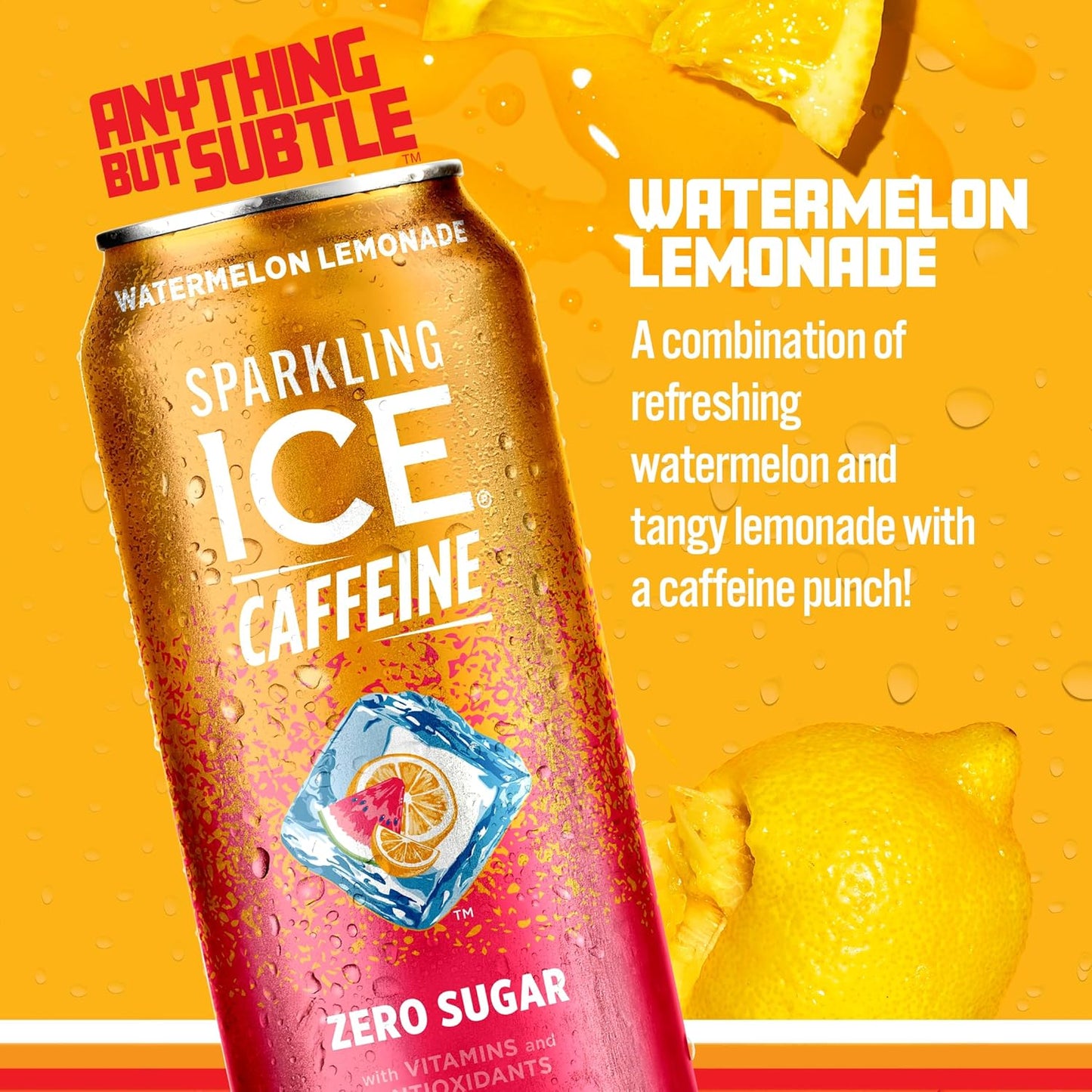 Sparkling Ice Watermelon Lemonade Sparkling Water with Caffeine, Zero Sugar, with Antioxidants and Vitamins,16 fl oz Cans (Pack Of 12)