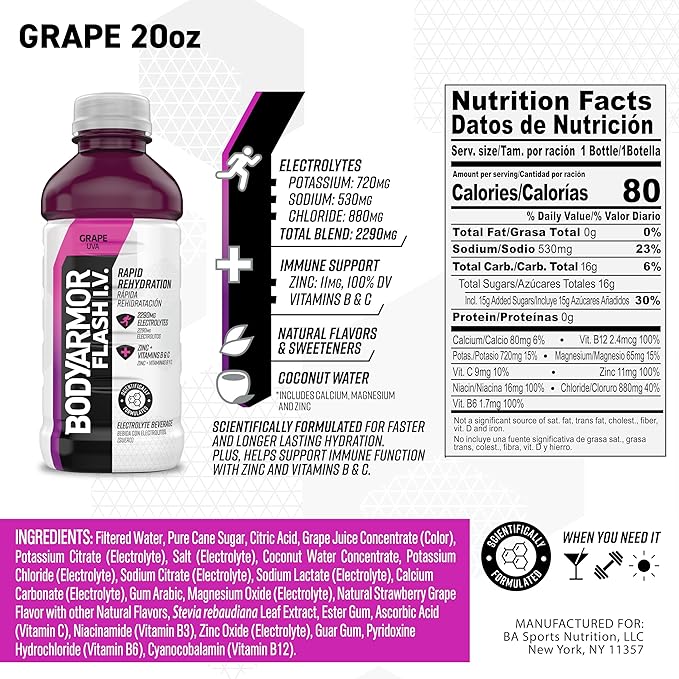 BODYARMOR Flash IV Grape Electrolyte Hydration Sports Drink (12 Pack)