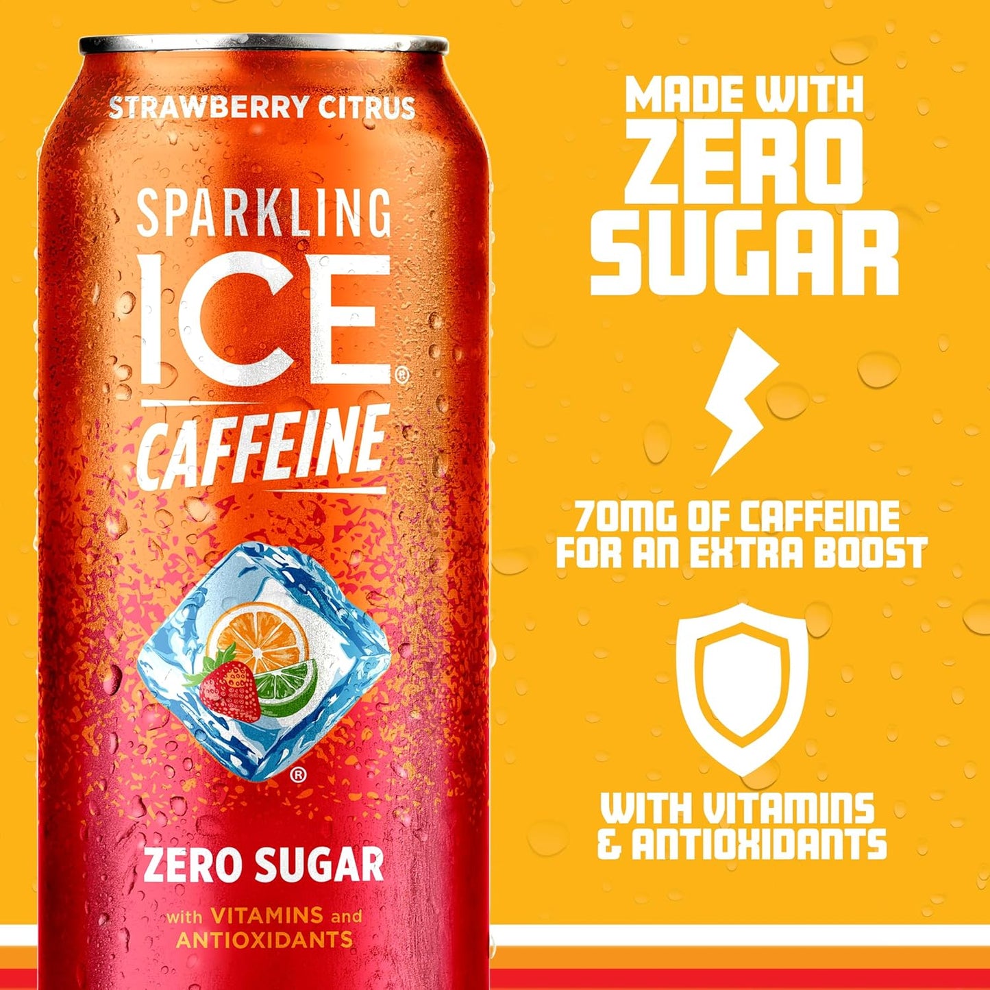 Sparkling Ice Caffeine Strawberry Citrus Sparkling Water with Caffeine, Zero Sugar, with Antioxidants and Vitamins,16 fl oz Cans (Pack Of 12)