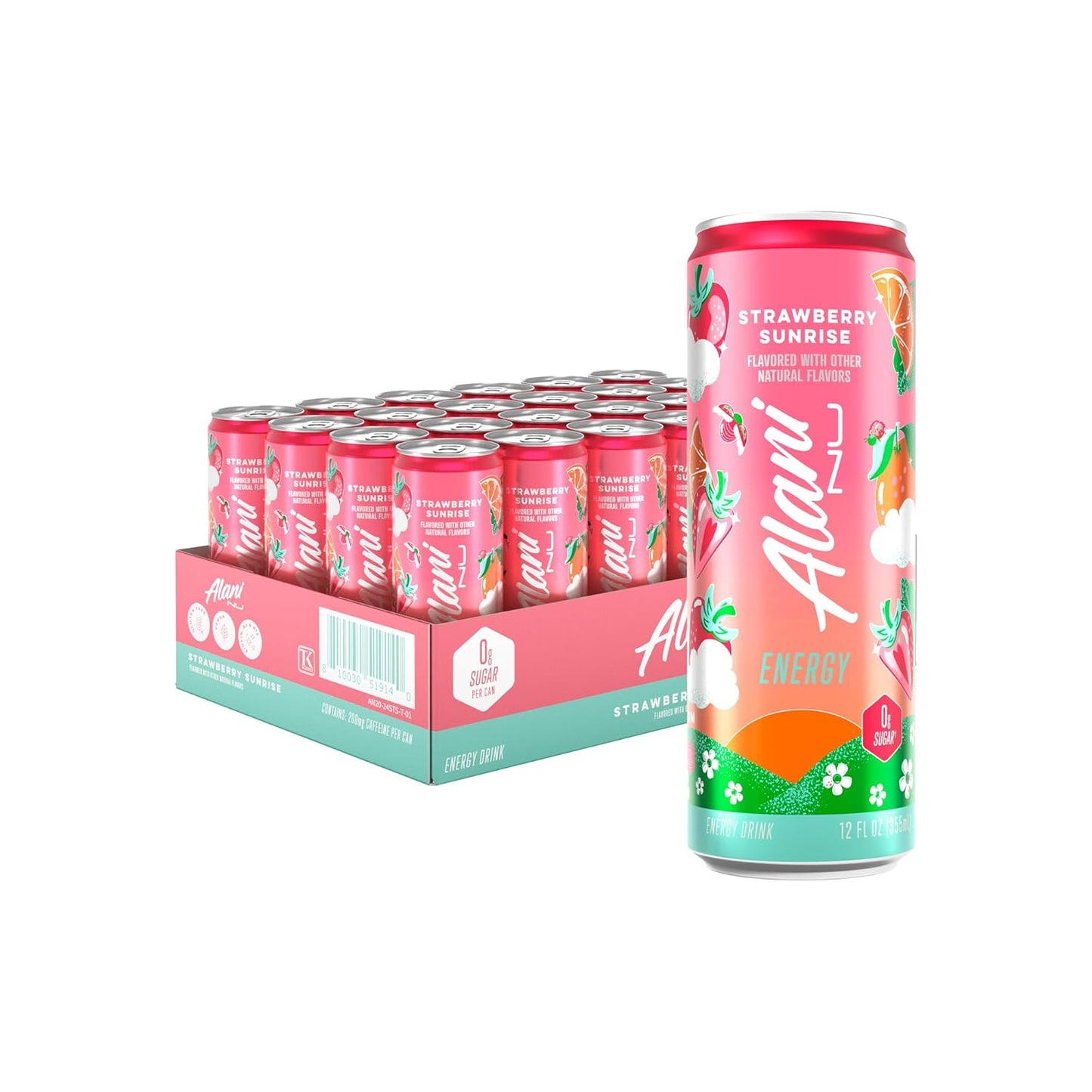 Alani Nu STRAWBERRY SUNRISE Sugar Free, Low Calorie Energy Drinks, 12 Fl Oz Cans, 24 Pack