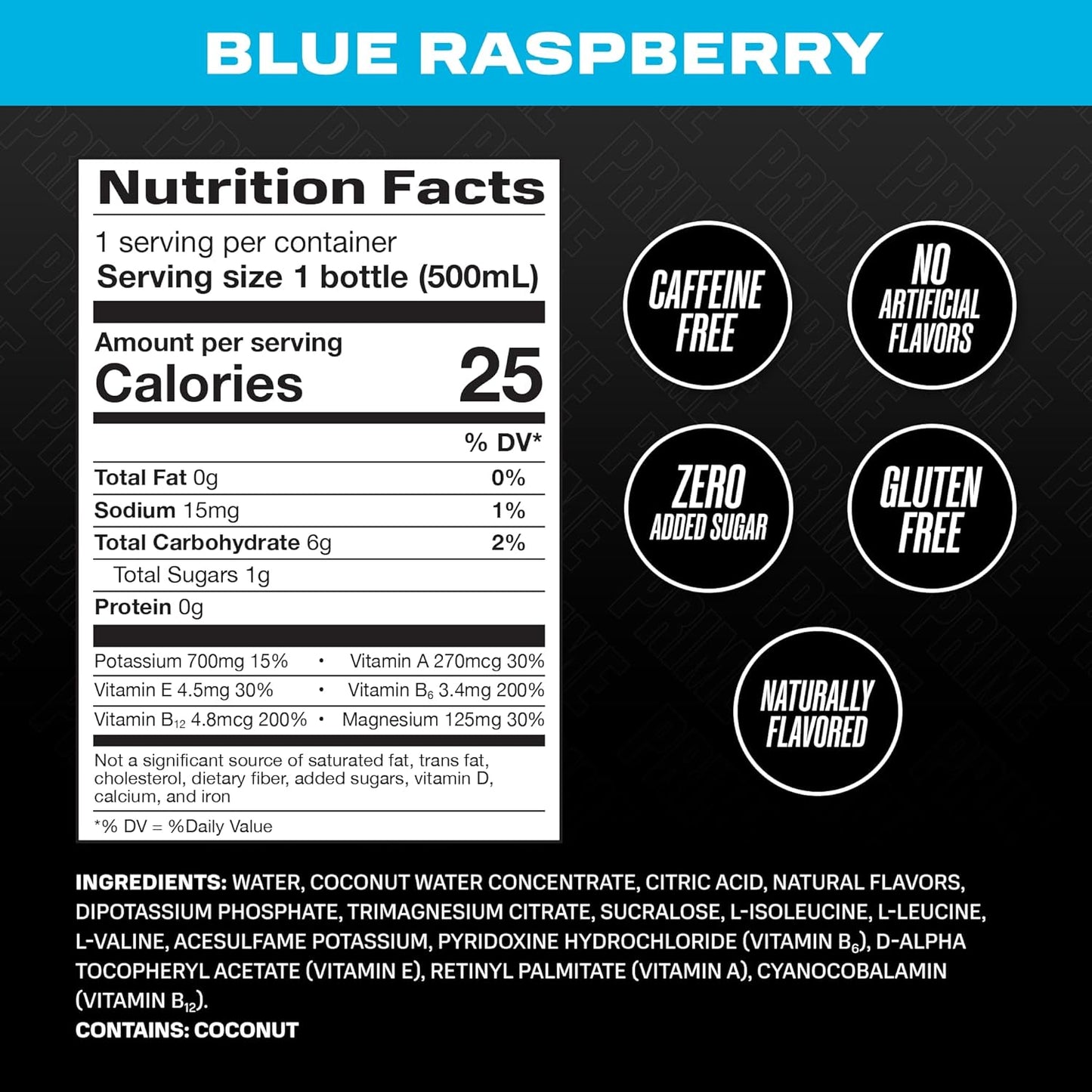 Prime Hydration Drink, Blue Raspberry, 16.9 fl oz, Bottle peak of 12