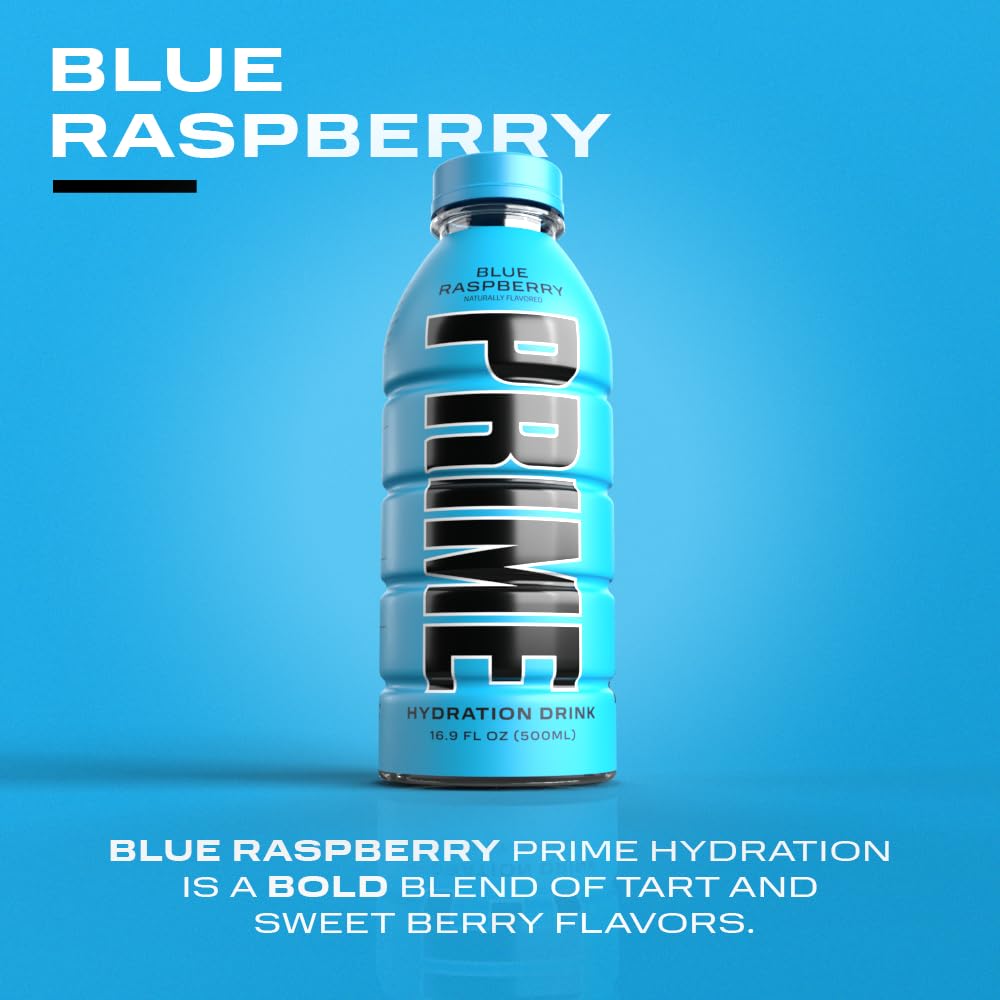 Prime Hydration Drink, Blue Raspberry, 16.9 fl oz, Bottle peak of 12