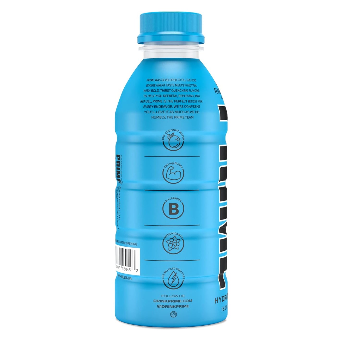 Prime Hydration Drink, Blue Raspberry, 16.9 fl oz, Bottle peak of 12