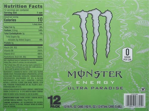 Monster Energy Ultra Paradise, Sugar Free Energy Drink, 16 Ounce (Pack of 12)