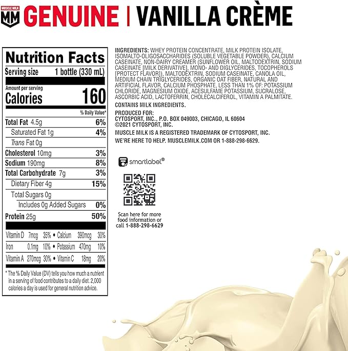 Muscle Milk Genuine Protein Shake, Vanilla Creme, 11.16 Fl Oz Bottle, 12 Pack