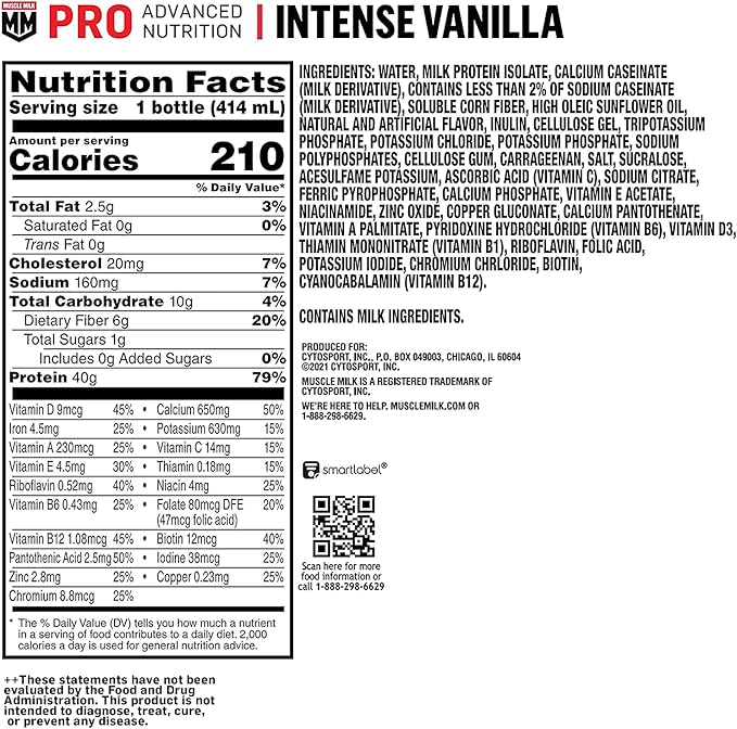 Muscle Milk Pro Advanced Nutrition Protein Shake, Intense Vanilla, 14 Fl Oz Bottle, 12 Pack