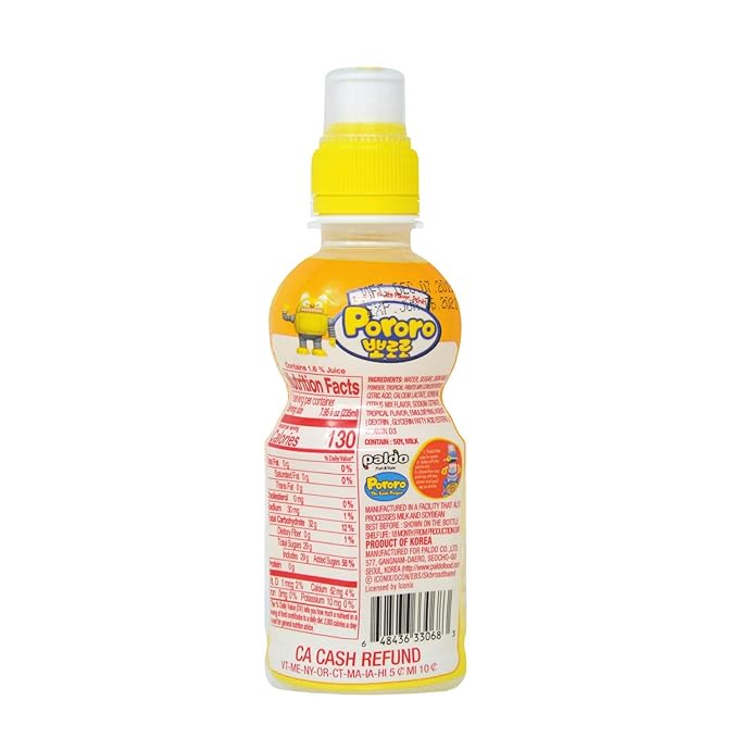 Paldo Fun & Yum Pororo Kids Tropical Fruit Flavor Drink, Pack of 8, Fruit Juice Drinks with Comfortable Push-Pull Sports Cap, Perfect Drink for Children 7.95 fl oz. x 8