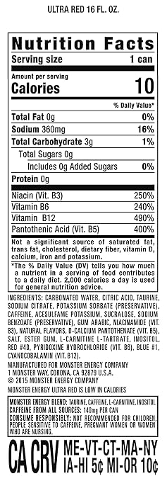 Monster Energy Ultra Red, Sugar Free Energy Drink, 16 Ounce (Pack of 15)