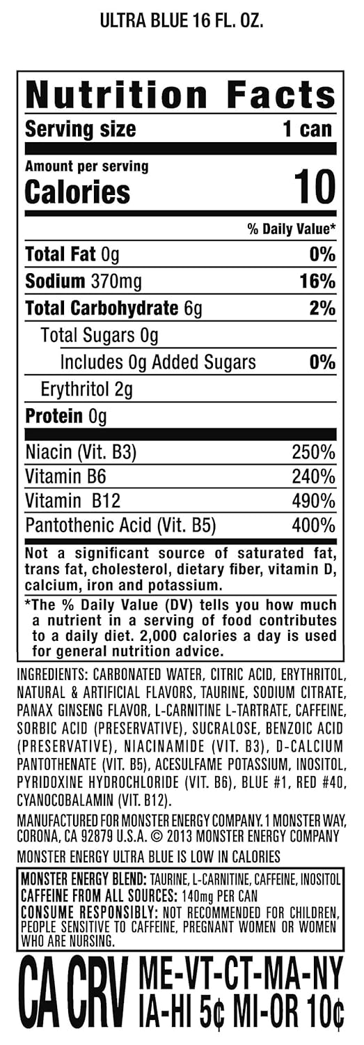 Monster Energy Ultra Blue, Sugar Free Energy Drink, 16 Ounce (Pack of 15)