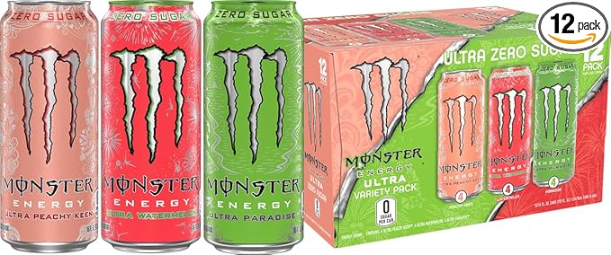 Monster Ultra Variety Pack, Ultra Watermelon + Ultra Paradise + Ultra Peachy Keen 16 fl oz, Pack of 12