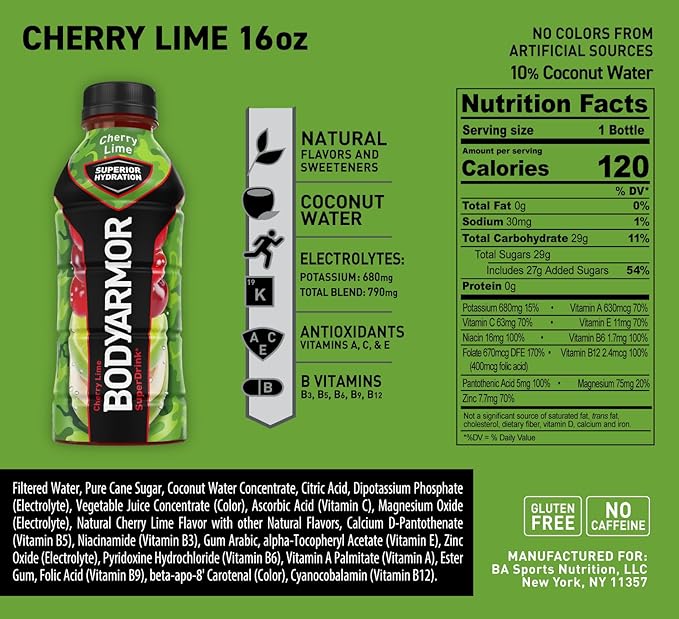 BODYARMOR Sports Drink – Cherry Lime, 16 Fl Oz (Pack of 12)