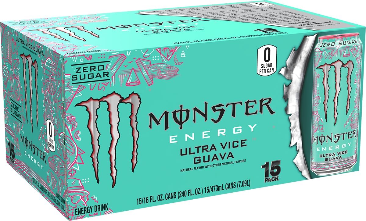 Monster Energy Ultra Vice Guava, Sugar Free Energy Drink, 16 Ounce (Pack of 15)