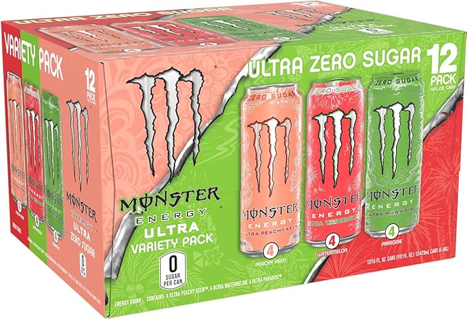 Monster Ultra Variety Pack, Ultra Watermelon + Ultra Paradise + Ultra Peachy Keen 16 fl oz, Pack of 12