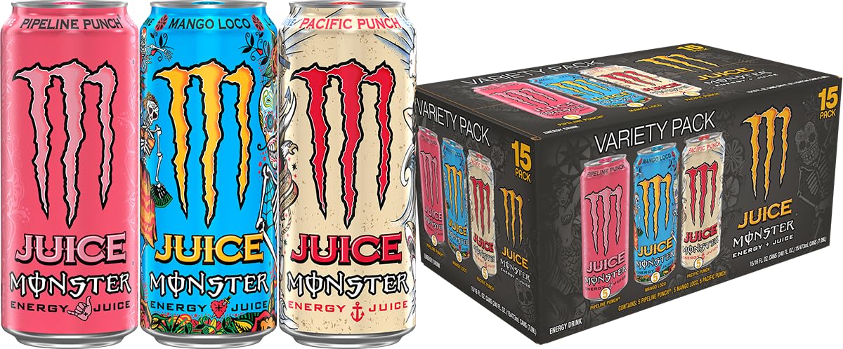 Monster Energy Juice Monster Variety Pack, Pipeline Punch, Mango Loco, Pacific Punch, Energy+Juice, Energy Drink, 16 Ounce (Pack of 15)