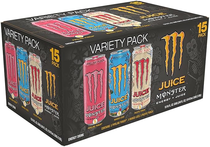 Monster Energy Juice Monster Variety Pack, Pipeline Punch, Mango Loco, Pacific Punch, Energy+Juice, Energy Drink, 16 Ounce (Pack of 15)