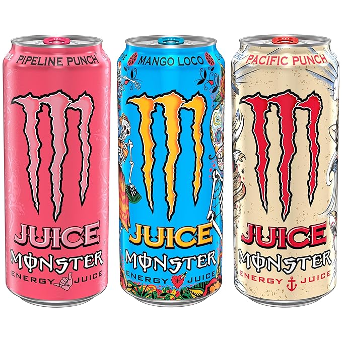 Monster Energy Juice Monster Variety Pack, Pipeline Punch, Mango Loco, Pacific Punch, Energy+Juice, Energy Drink, 16 Ounce (Pack of 15)