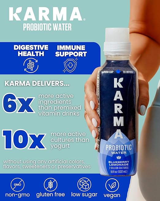 Karma Probiotic Water - 12 Pack, Blueberry Lemonade Drink - Immune & Gut Health Support