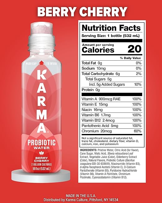 Karma Probiotic Water - 12 Pack, Berry Cherry Drink - Immune & Gut Health Support