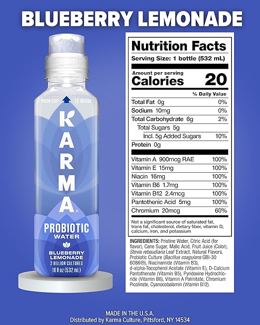 Karma Probiotic Water - 12 Pack, Blueberry Lemonade Drink - Immune & Gut Health Support