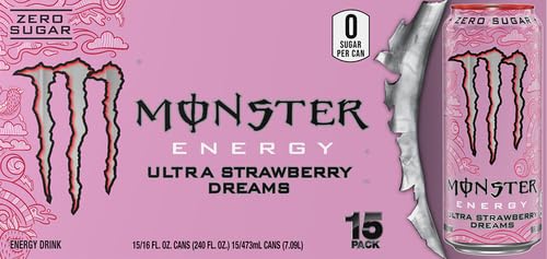 Monster Energy Ultra Strawberry Dreams, Sugar Free Energy Drink, 16 Ounce (Pack of 15)