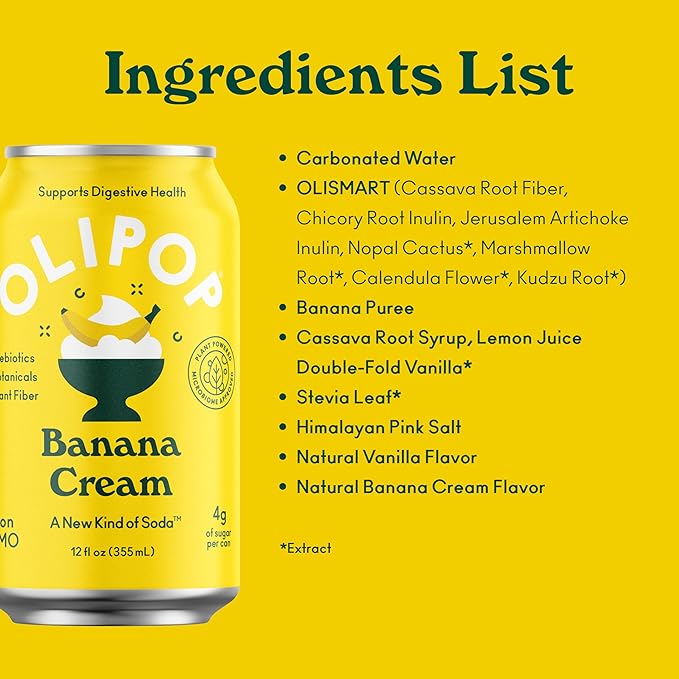 OLIPOP Prebiotic Soda Pop, Banana Cream, A New Kind of Soda Packed with Prebiotics, Fiber, and Botanicals, Gluten Free, Vegan, GMO Free, 12oz (12-Cans)