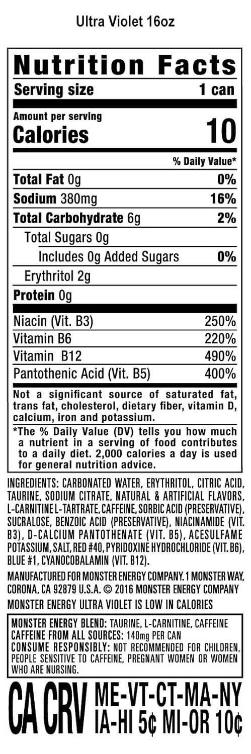 Monster Energy Ultra Violet, Sugar Free Energy Drink, 16 Ounce (Pack of 15)