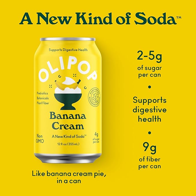 OLIPOP Prebiotic Soda Pop, Banana Cream, A New Kind of Soda Packed with Prebiotics, Fiber, and Botanicals, Gluten Free, Vegan, GMO Free, 12oz (12-Cans)